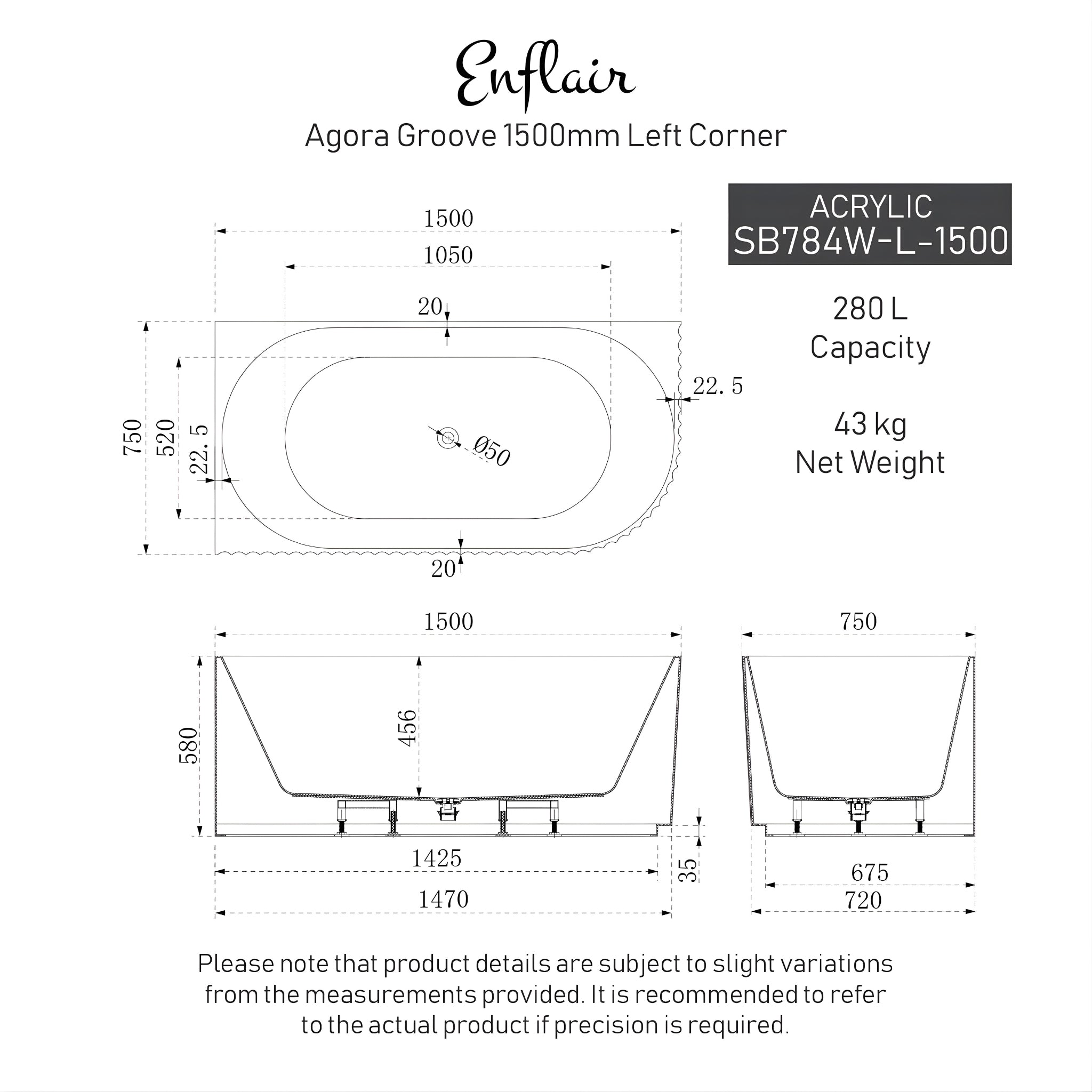 ENFLAIR AGORA GROOVE FLUTED LEFT CORNER BATHTUB MATTE BLACK (AVAILABLE IN 1500MM AND 1700MM)