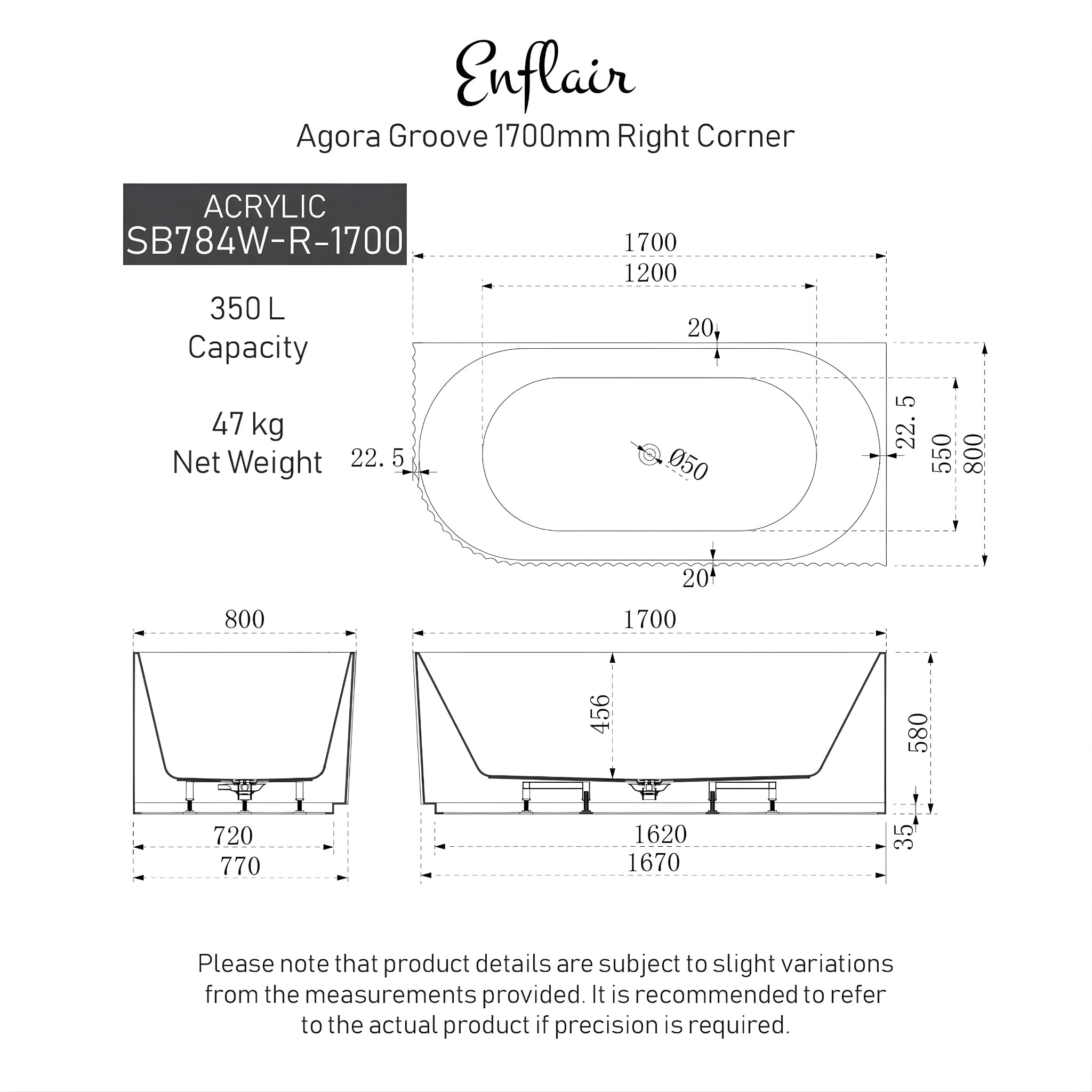 ENFLAIR AGORA GROOVE FLUTED RIGHT CORNER BATHTUB GLOSS WHITE (AVAILABLE IN 1500MM AND 1700MM)