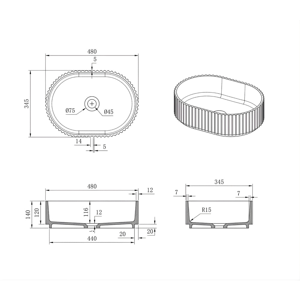 OTTI HAVANA FLUTED ABOVE COUNTER BASIN MATTE WHITE 480MM