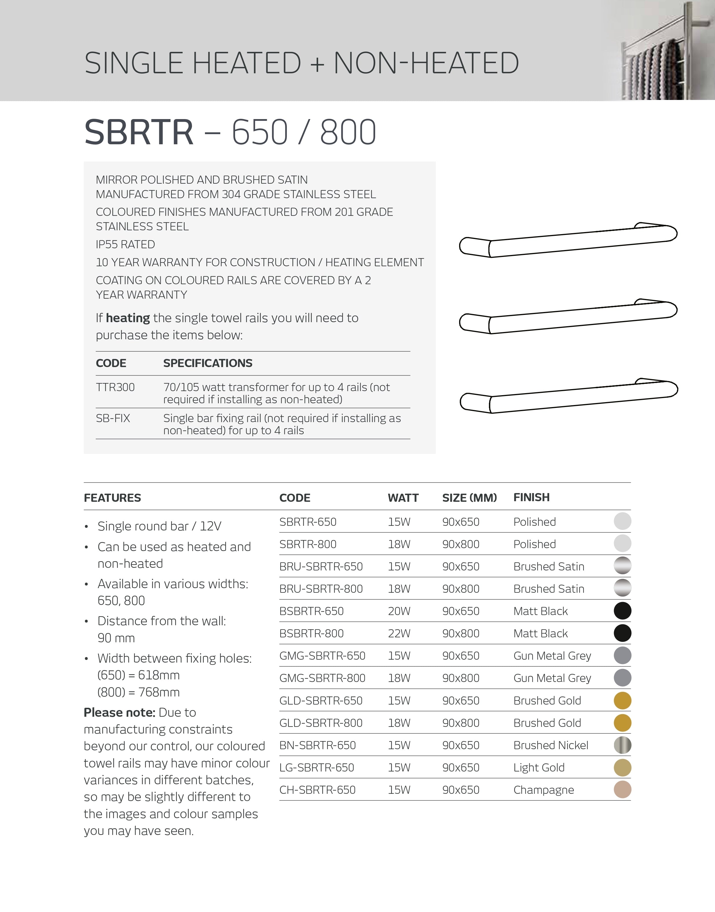 RADIANT HEATING ROUND HEATED SINGLE TOWEL RAIL BRUSHED NICKEL 650MM