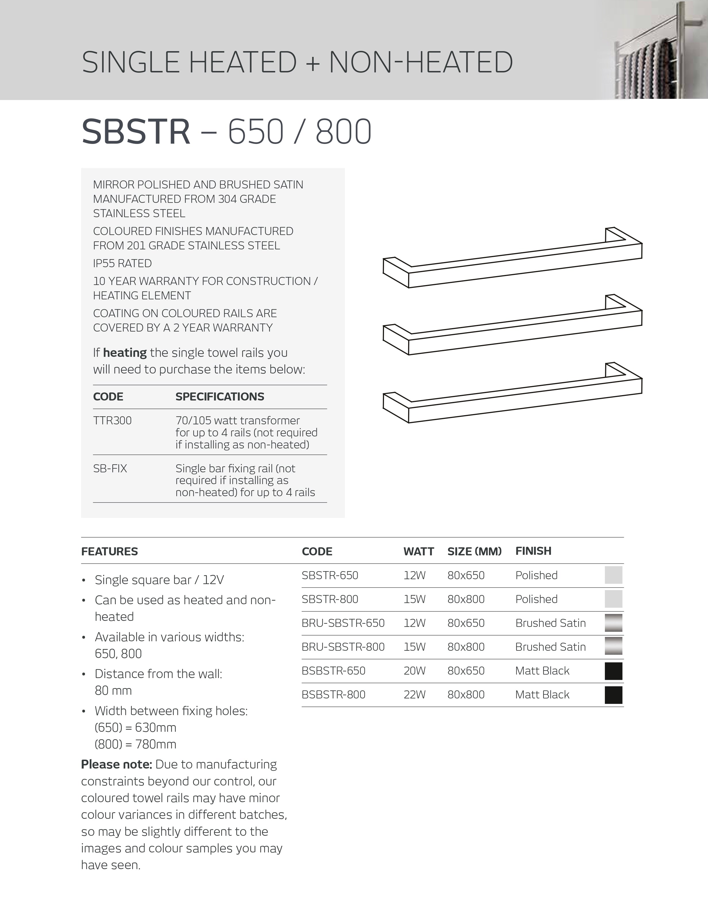 RADIANT HEATING SQUARE HEATED SINGLE TOWEL RAIL BRUSHED SATIN 500MM, 650MM AND 800MM