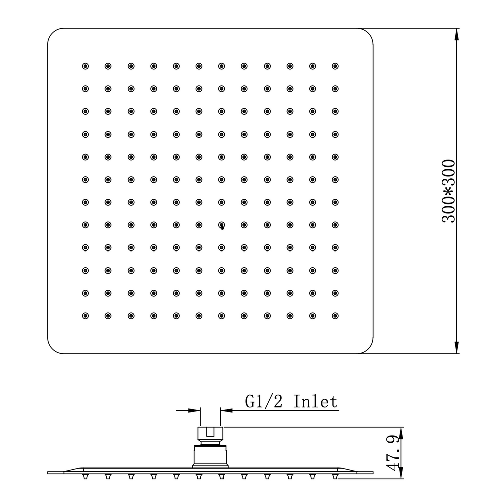 Linsol Scala 300mm Square Shower Head - Line Drawing