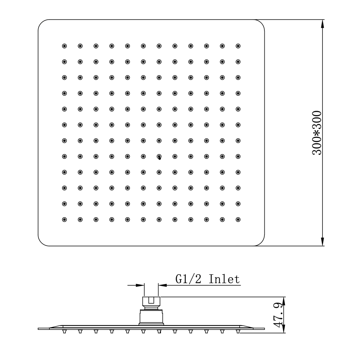 Linsol Scala 300mm Square Shower Head - Line Drawing