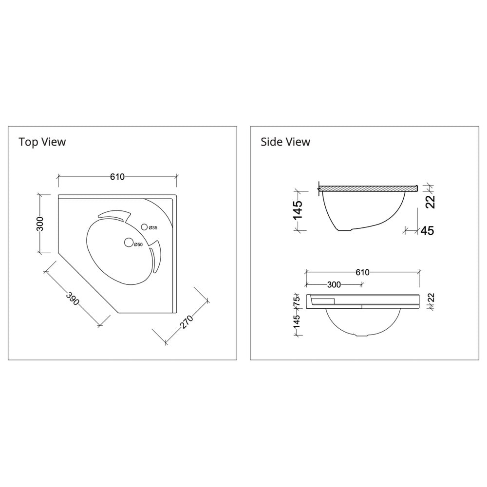 DUROCLASS SUPREME CORNER GLOSS WHITE SINGLE BOWL UNDERMOUNT VANITY TOP (AVAILABLE IN 610MM AND 910MM)
