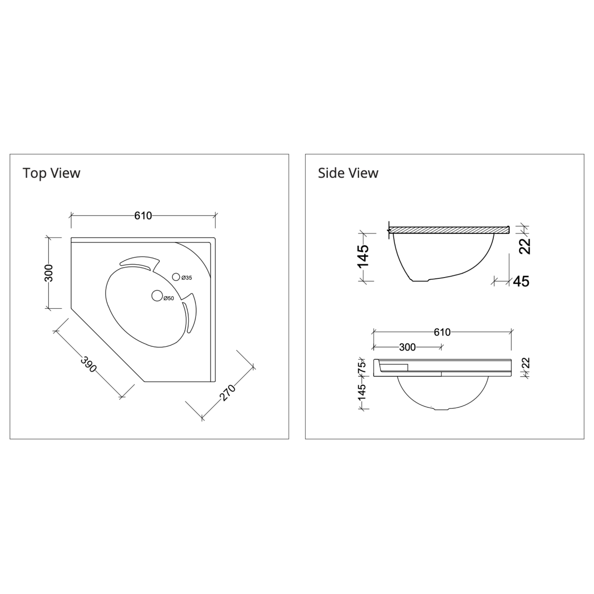 DUROCLASS SUPREME CORNER GLOSS WHITE SINGLE BOWL UNDERMOUNT VANITY TOP (AVAILABLE IN 610MM AND 910MM)