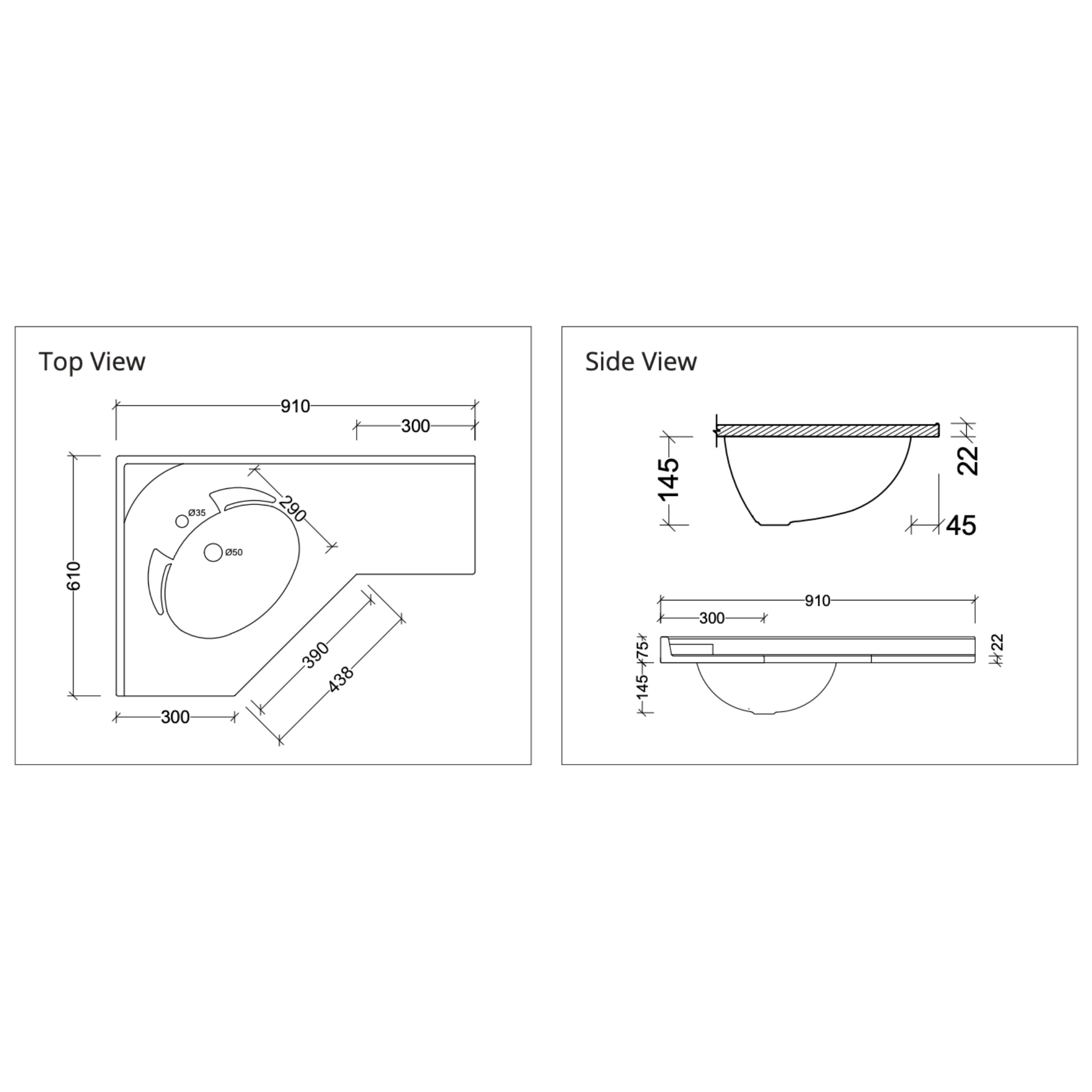 DUROCLASS SUPREME CORNER GLOSS WHITE OFFSET SINGLE BOWL UNDERMOUNT VANITY TOP 910MM
