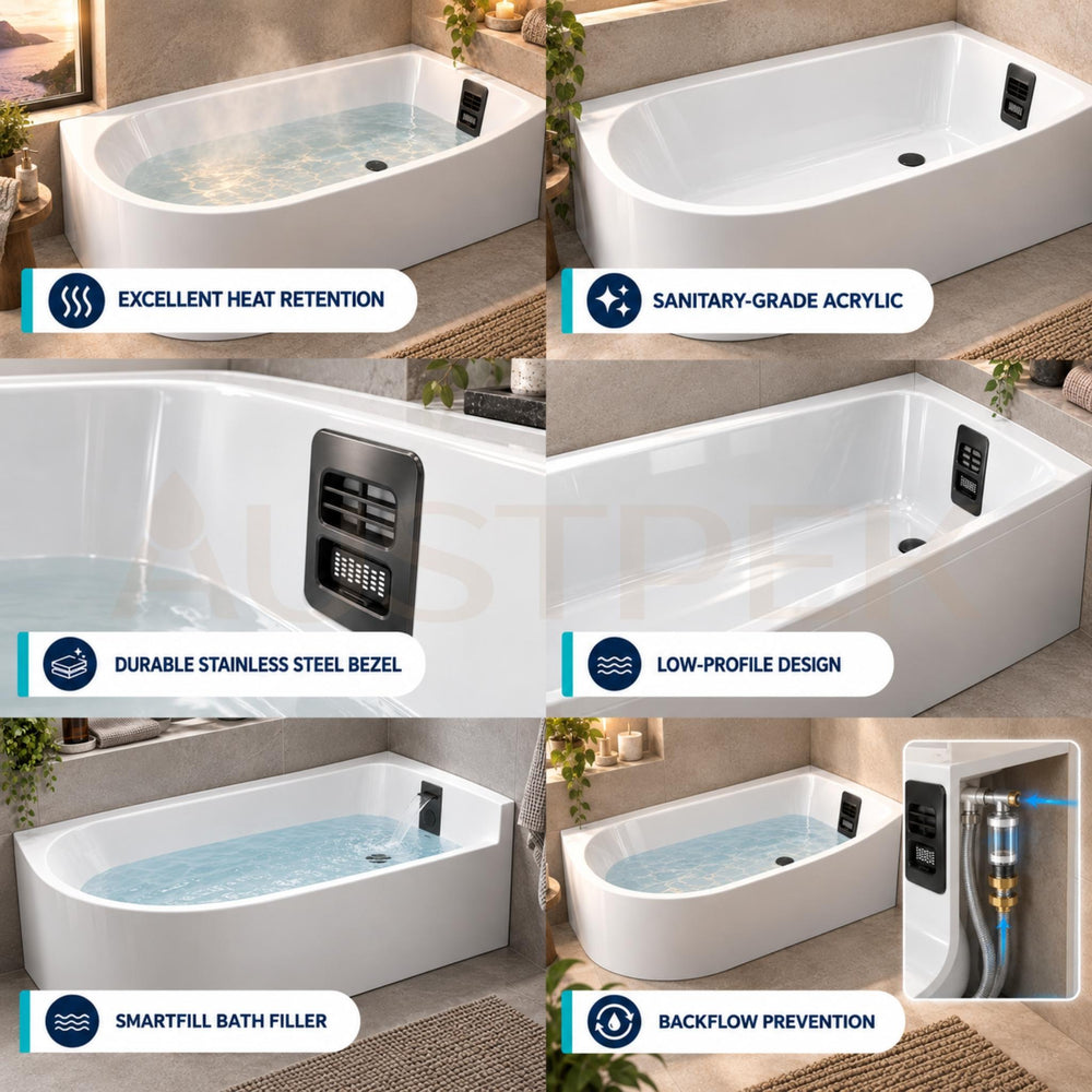 SEIMA PLATI 110 RIGHT CORNER BATHTUB WITH SMARTFILL SYSTEM GLOSS WHITE 1500MM