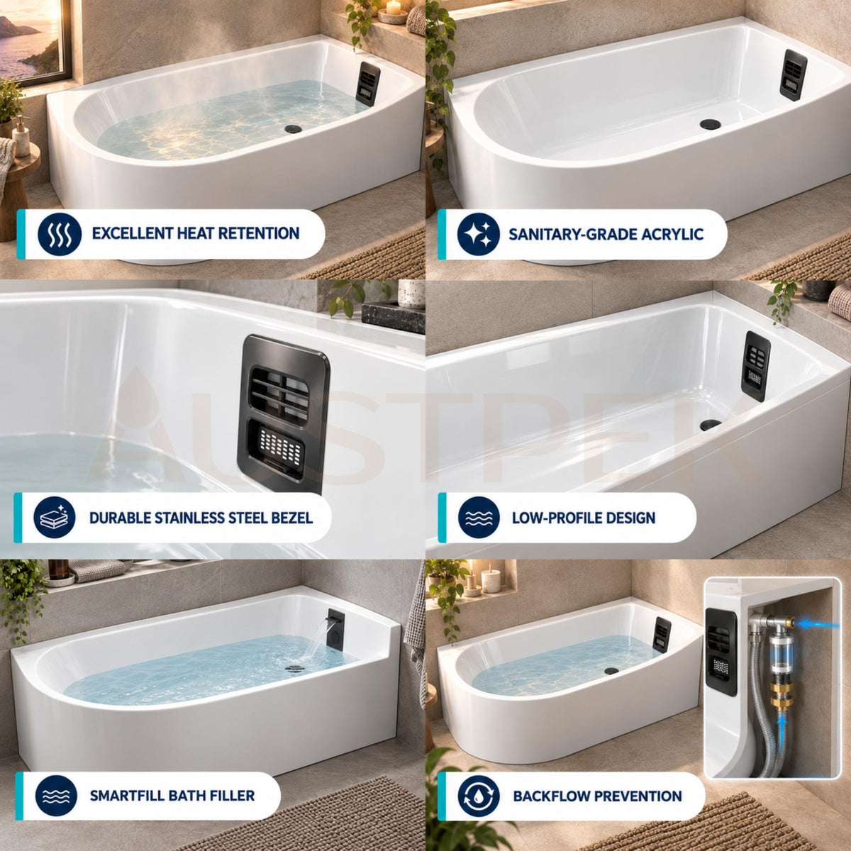 SEIMA PLATI 110 RIGHT CORNER BATHTUB WITH SMARTFILL SYSTEM GLOSS WHITE 1500MM