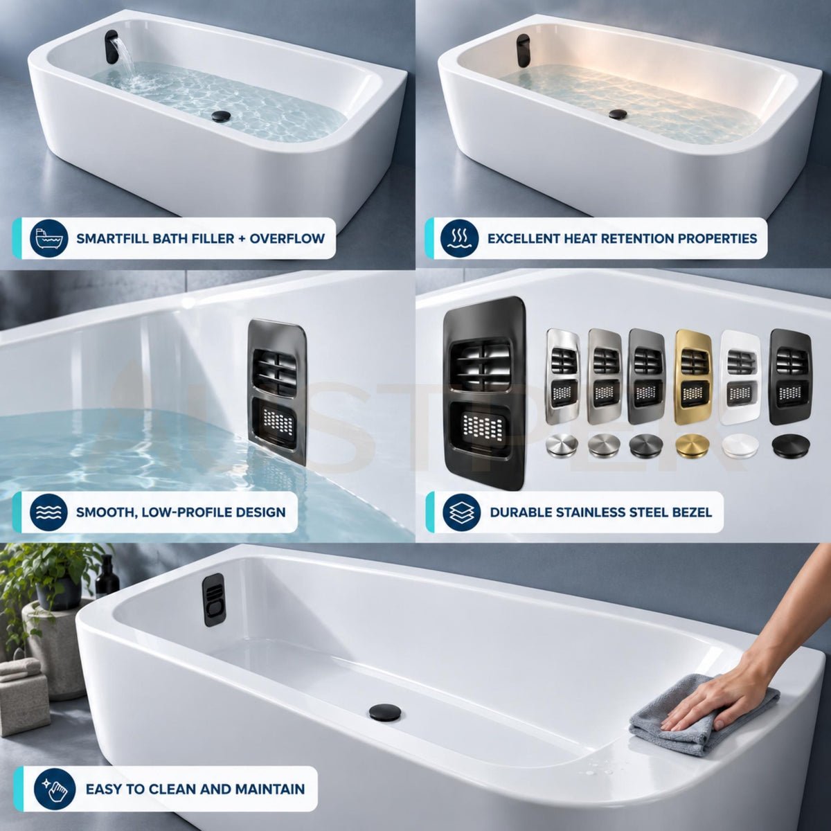 SEIMA PLATI 130 BACK-TO-WALL BATHTUB WITH SMARTFILL SYSTEM GLOSS WHITE (AVAILABLE IN 1500MM AND 1700MM)