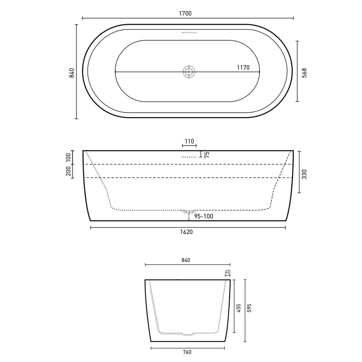 DECINA SHERATON FREESTANDING BATH WITH INTEGRATED OVERFLOW GLOSS WHITE 1600MM