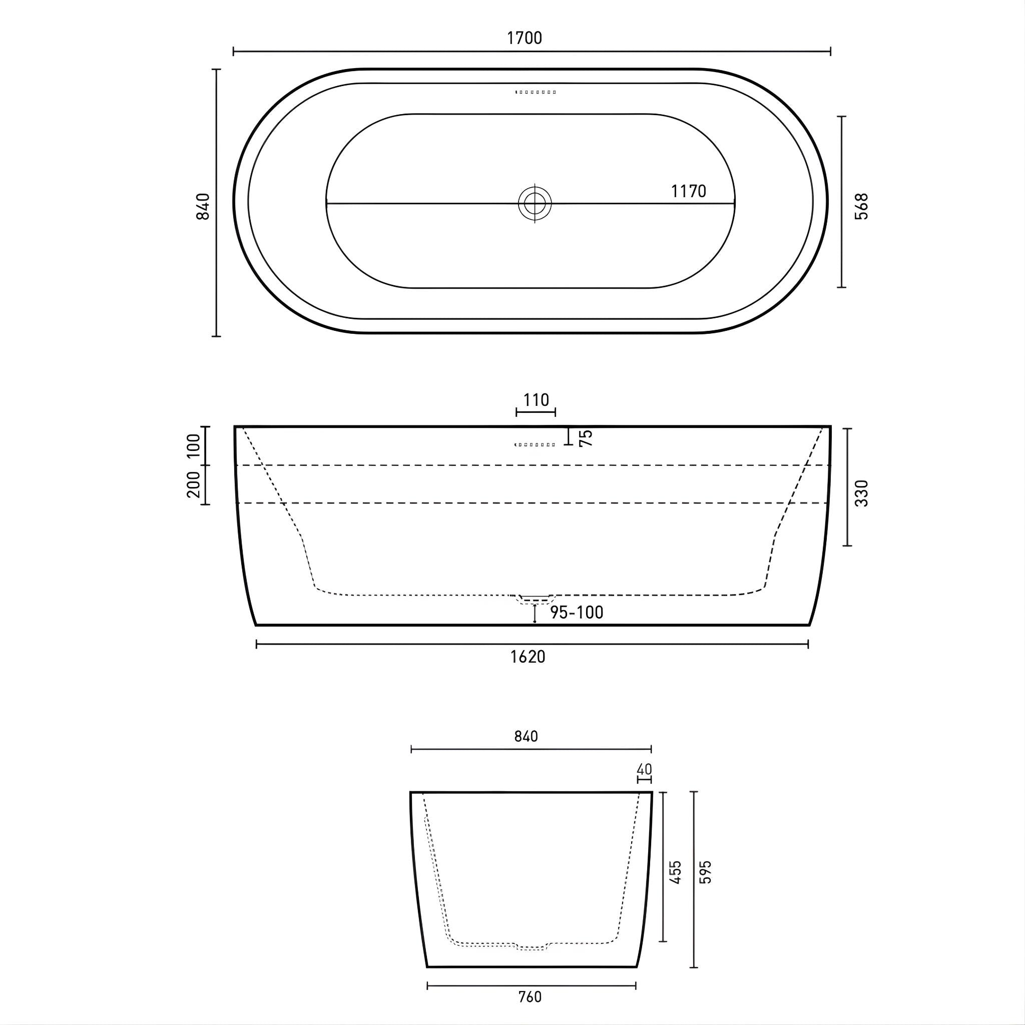 DECINA SHERATON FREESTANDING BATH WITH INTEGRATED OVERFLOW GLOSS WHITE 1600MM