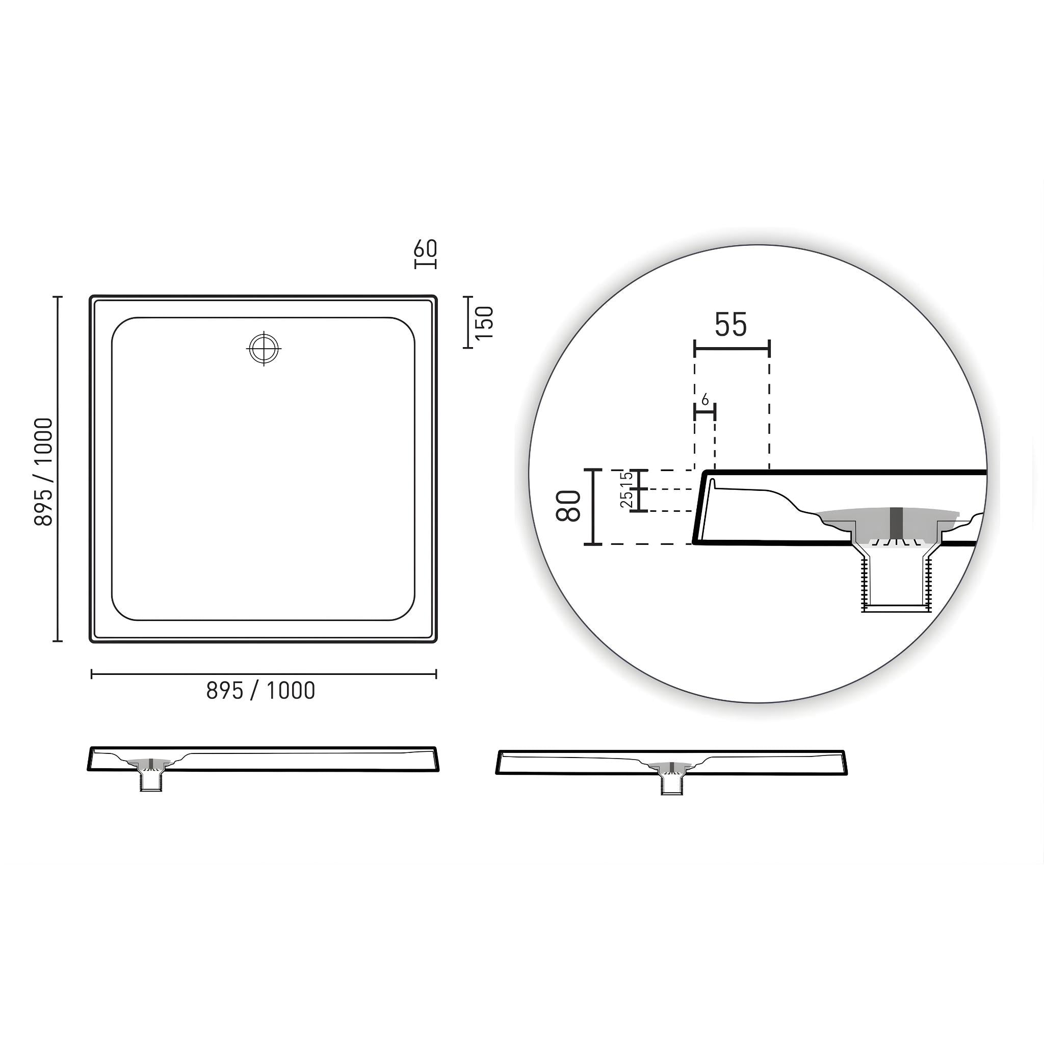 DECINA PRELUDE REAR OUTLET SHOWER BASE GLOSS WHITE (AVAILABLE IN 895MM AND 1000MM)