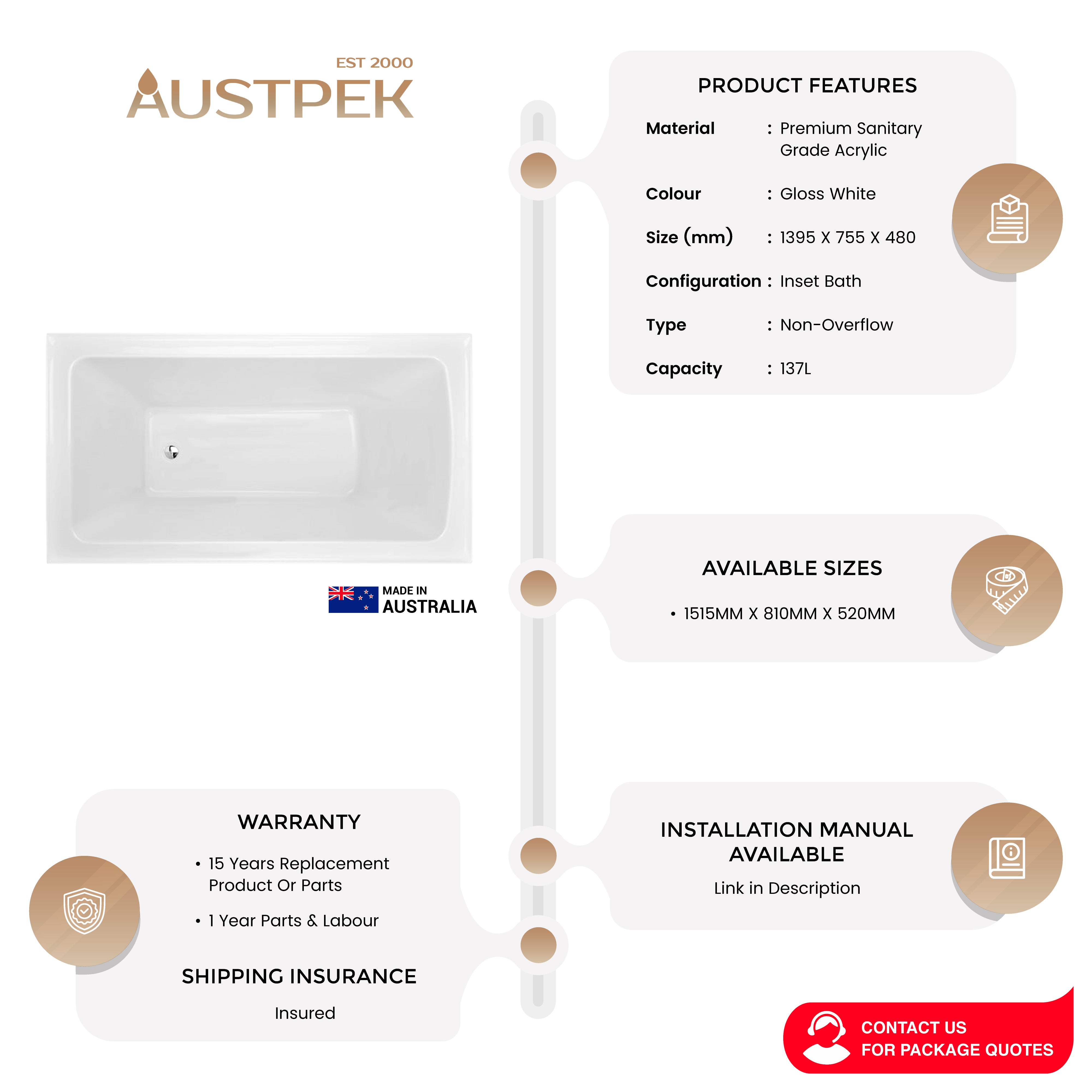 DECINA SHENSEKI INSET BATH GLOSS WHITE (AVAILABLE IN 1395MM AND 1515MM)