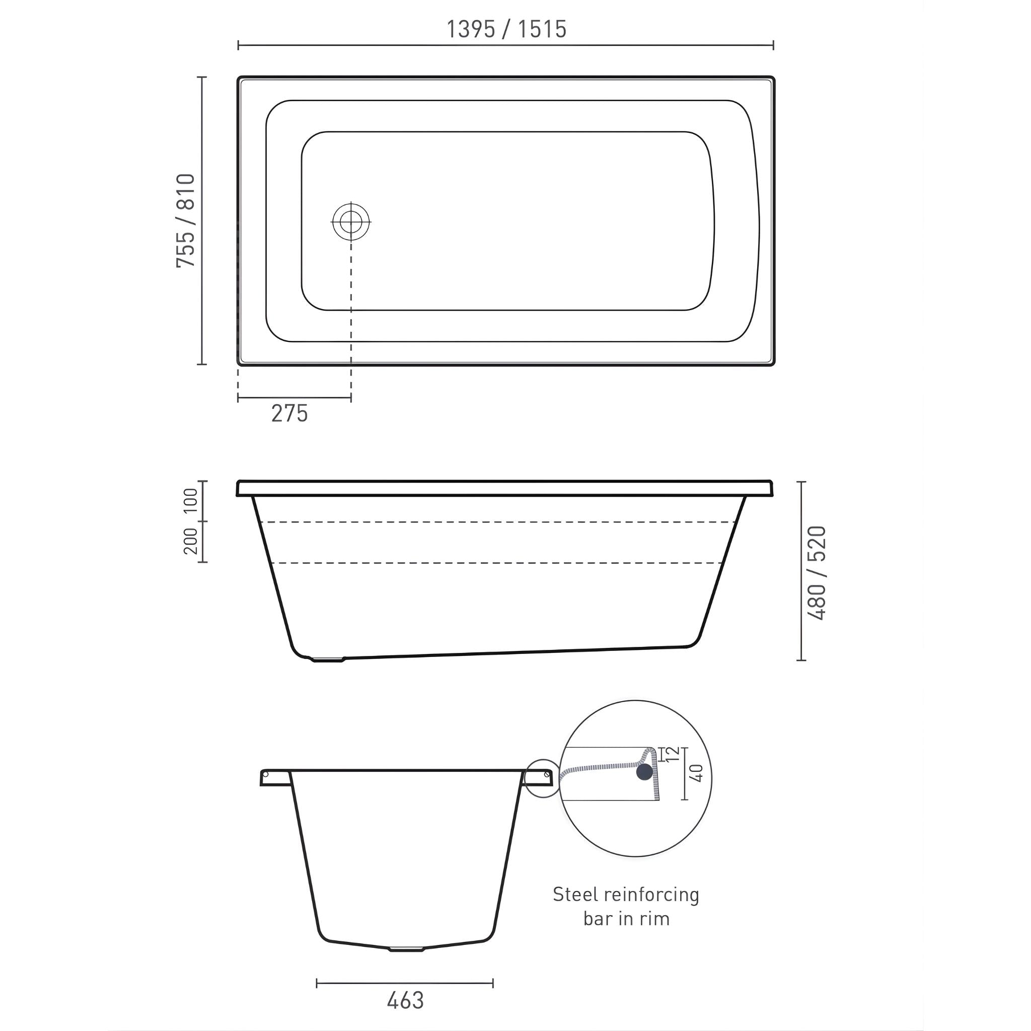 DECINA SHENSEKI INSET BATH GLOSS WHITE (AVAILABLE IN 1395MM AND 1515MM)