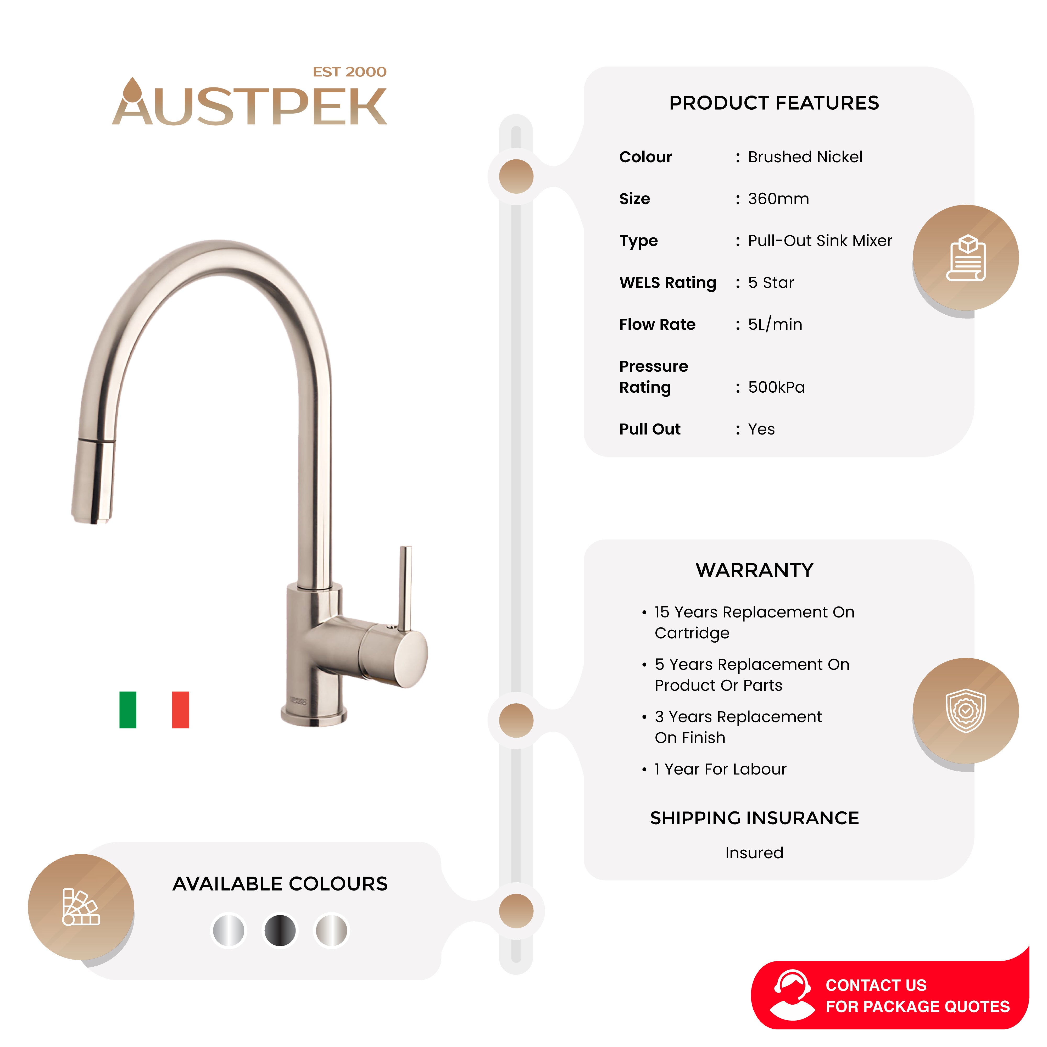 ARMANDO VICARIO PULL-OUT SINK MIXER 360MM BRUSHED NICKEL
