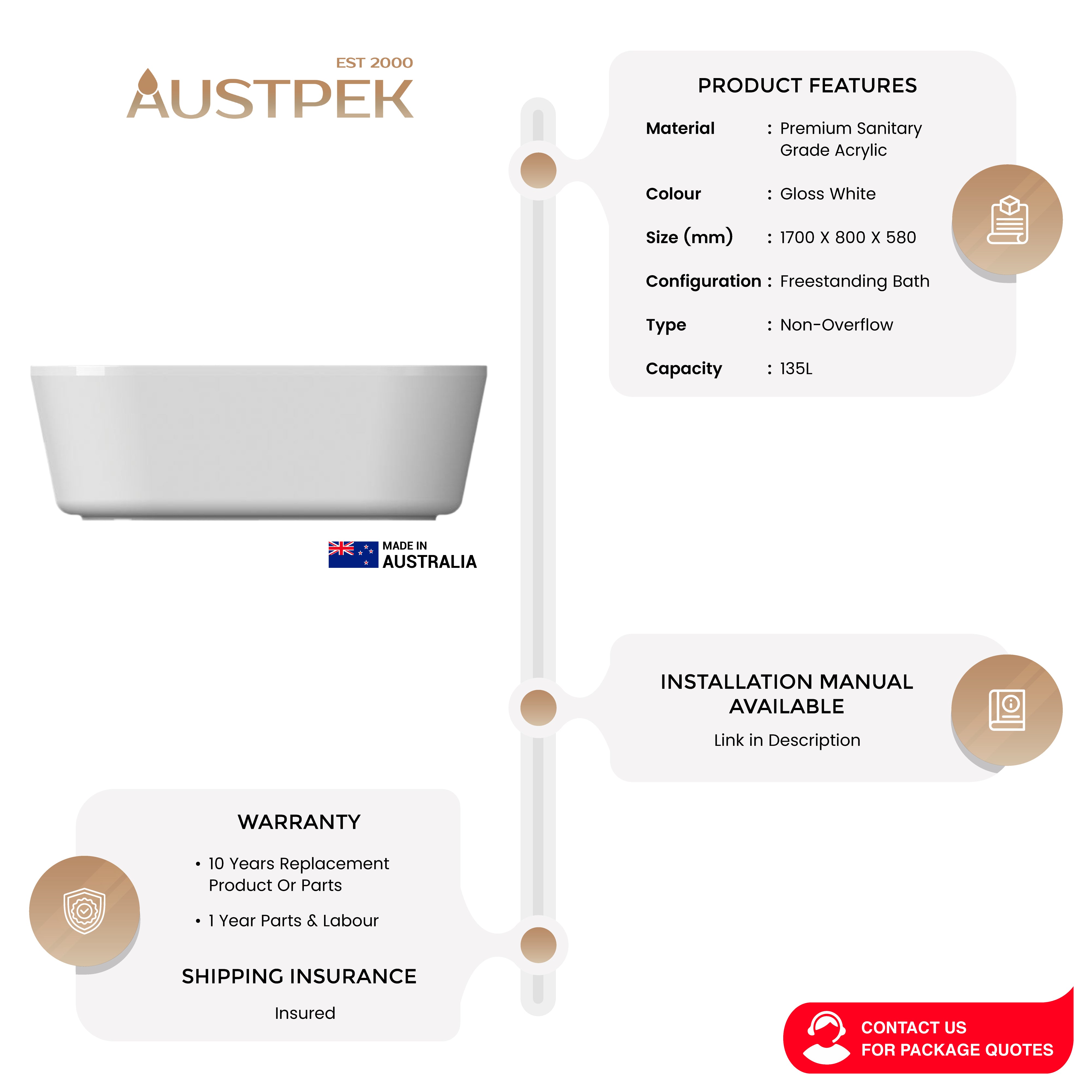 DECINA SOLIS FREESTANDING BATH GLOSS WHITE 1700MM