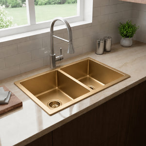 VITO DOUBLE BOWL KITCHEN SINK BRUSHED GOLD 775MM