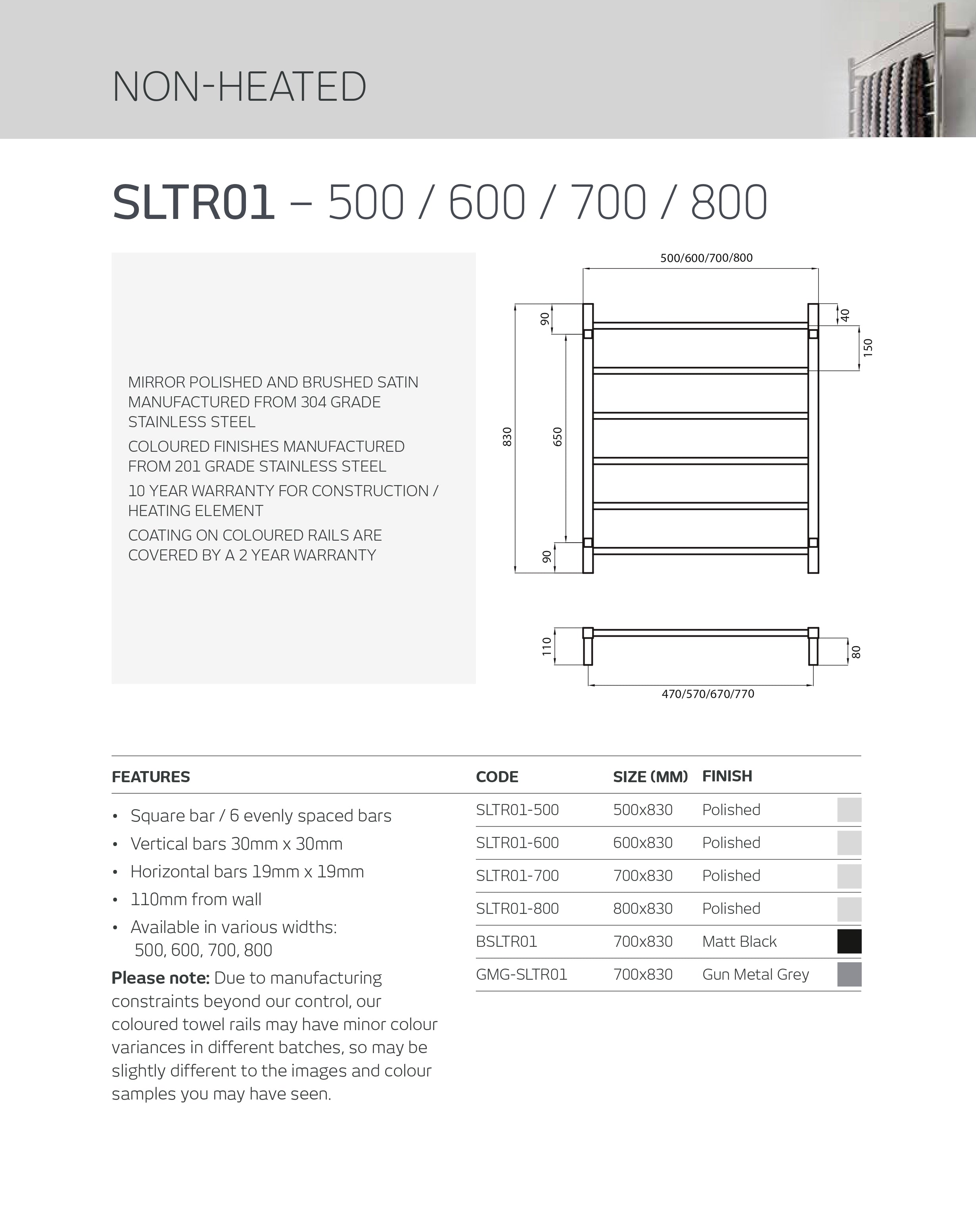 RADIANT HEATING 6-BARS SQUARE NON-HEATED TOWEL RAIL MATTE BLACK 700MM