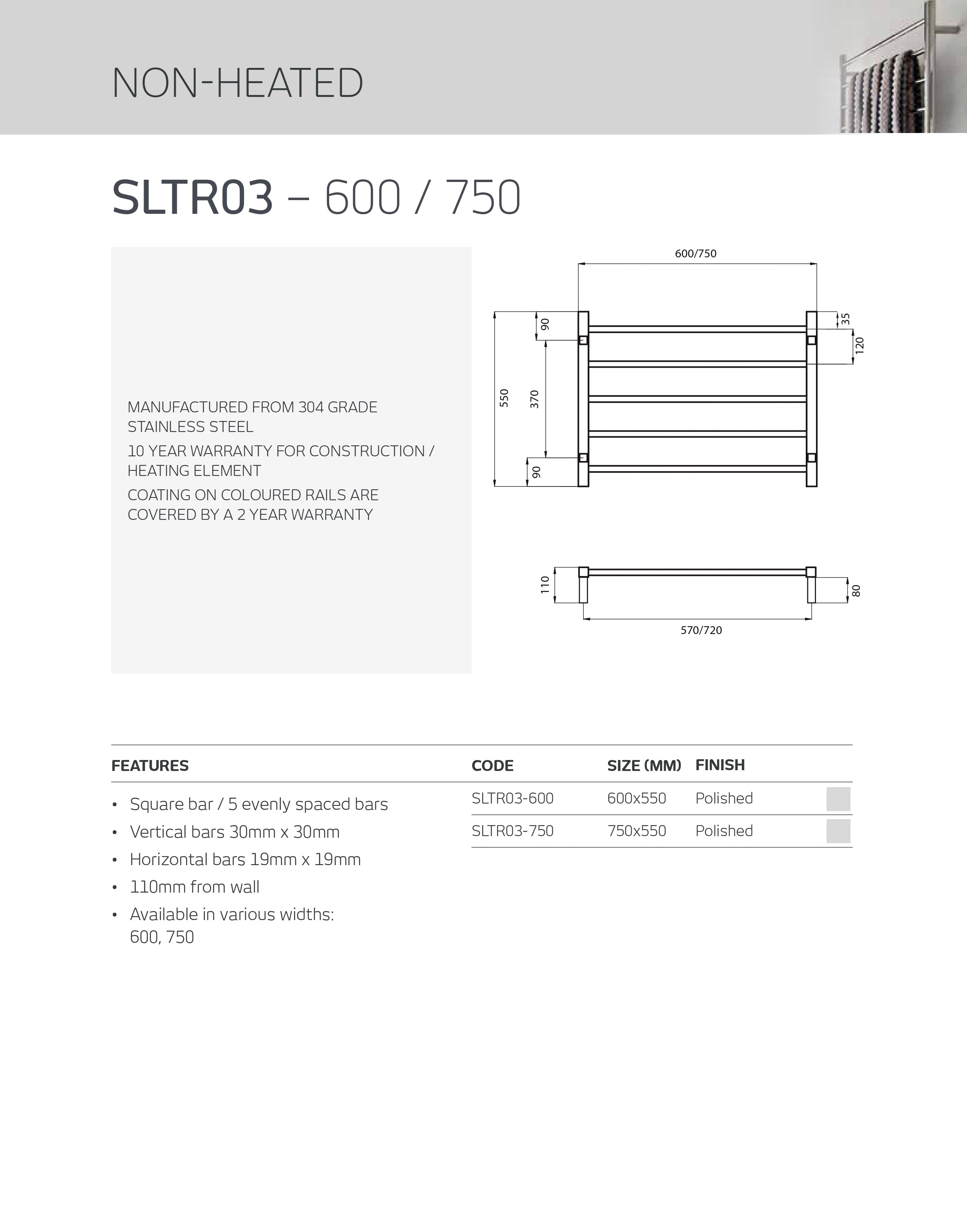 RADIANT HEATING 5-BARS SQUARE NON-HEATED TOWEL RAIL CHROME 600MM