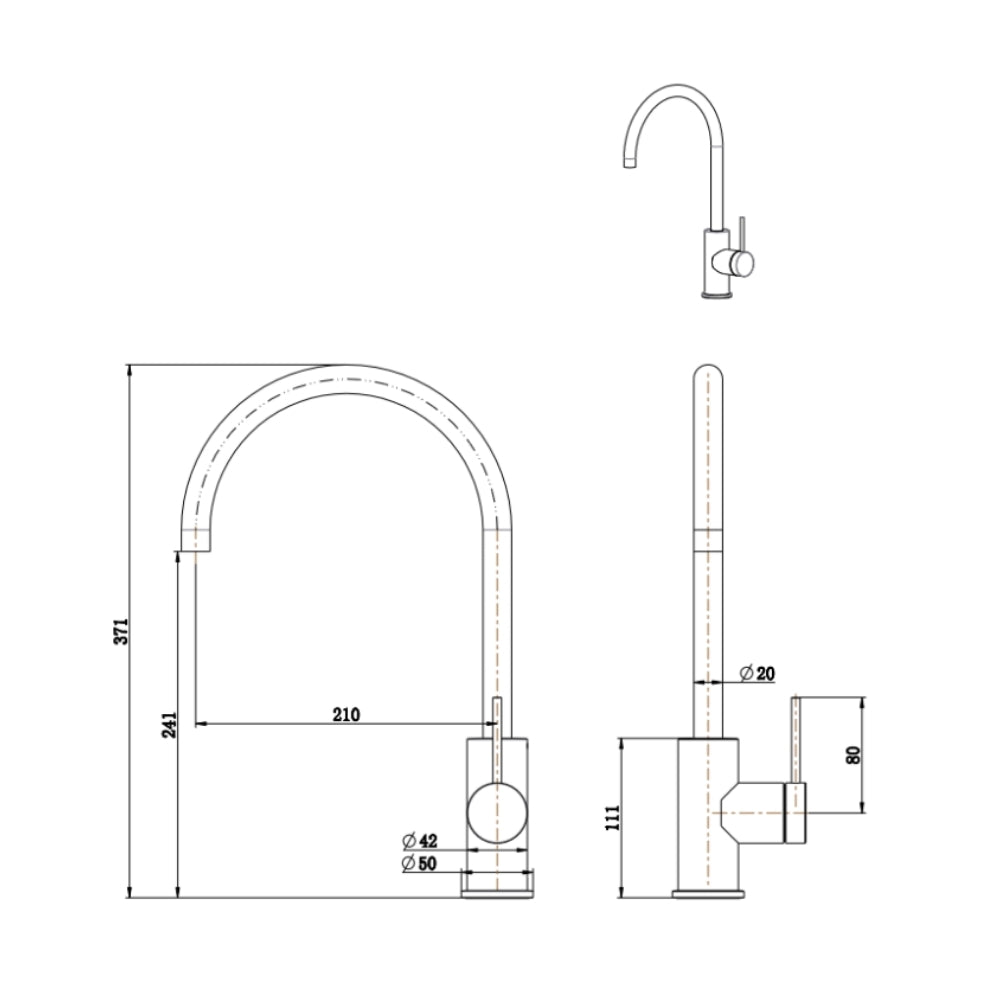 BELLA VISTA MICA LEAD FREE GOOSENECK SINK MIXER 371MM GUN METAL