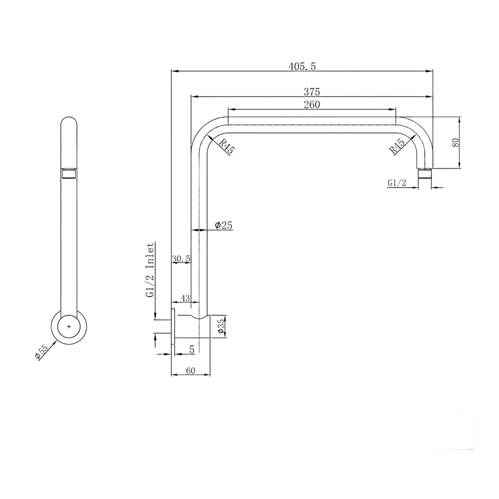 Linsol Sofia Upswept Arm 405mm - Line Drawing