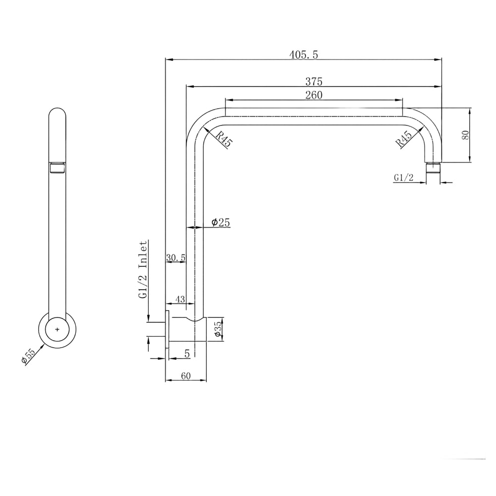 Linsol Sofia Upswept Arm 405mm - Line Drawing
