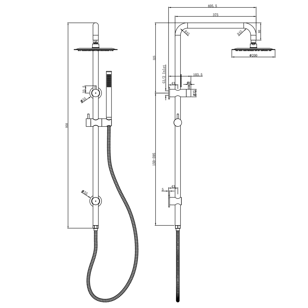 Linsol Sofia Shower Combination Slim Handpiece 200mm dimensions