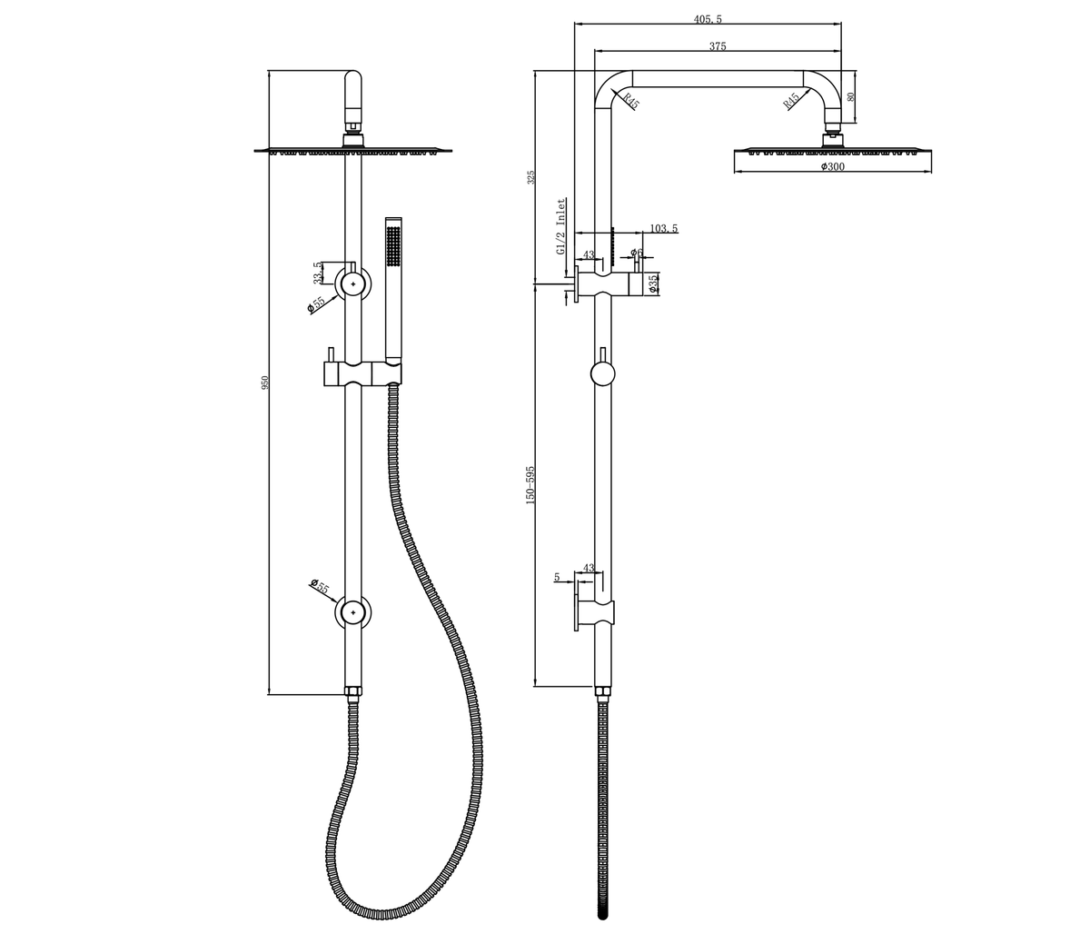 Linsol Sofia Shower Combination Slim Handpiece 300mm dimensions