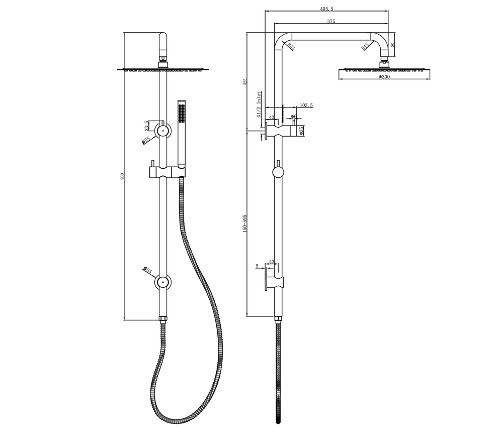 Linsol Sofia Shower Combination Slim Handpiece 300mm dimensions