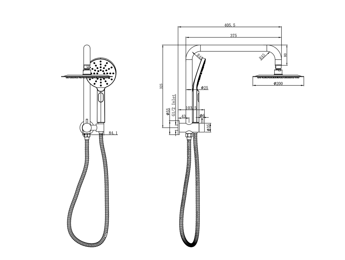 Linsol Sofia Short Shower Combination Multifunction 200mm dimensions