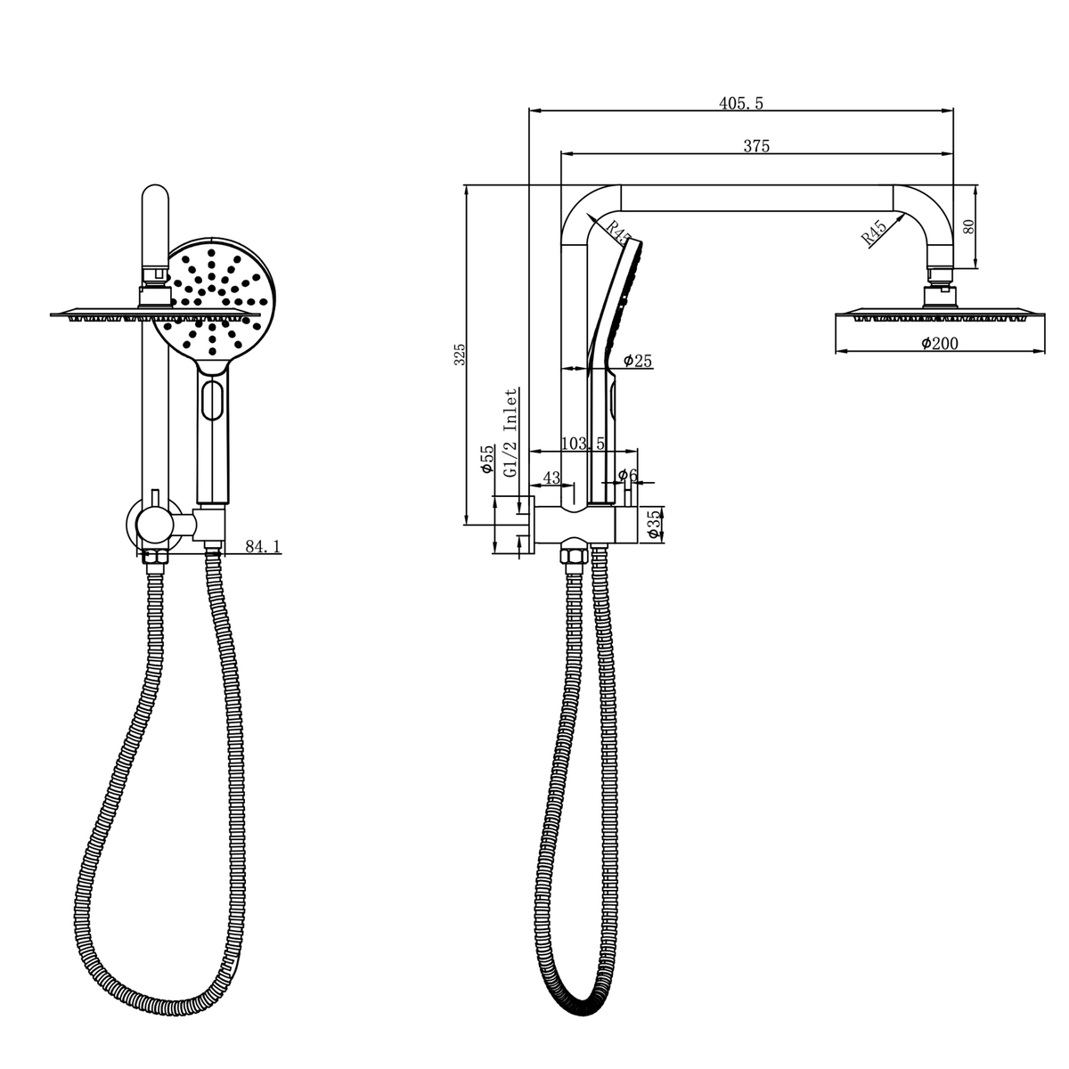 Linsol Sofia Short Shower Combination Multifunction 200mm dimensions