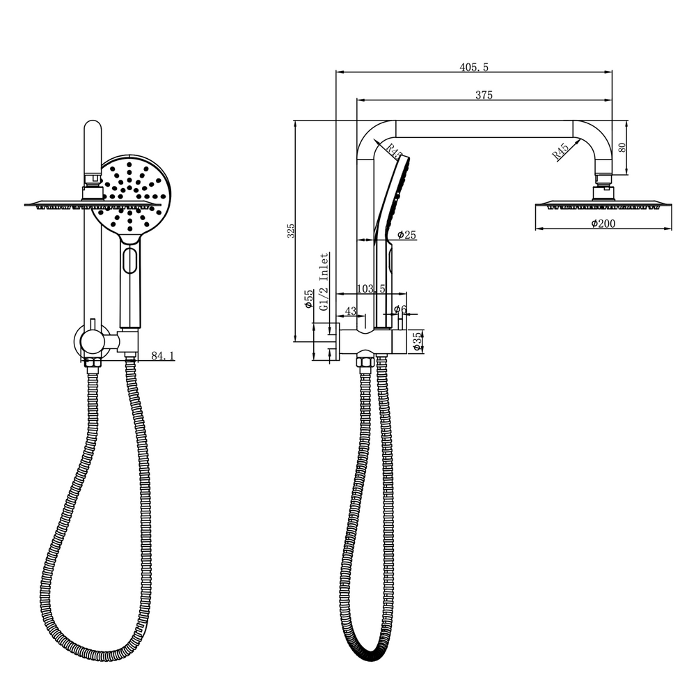Linsol Sofia Short Shower Combination Multifunction 200mm dimensions