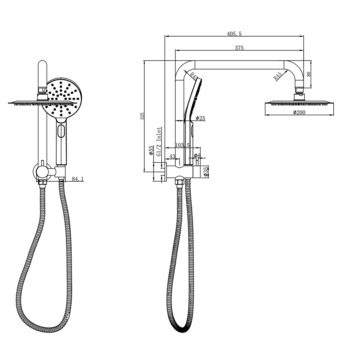 Linsol Sofia Short Shower Combination Multifunction 200mm dimensions