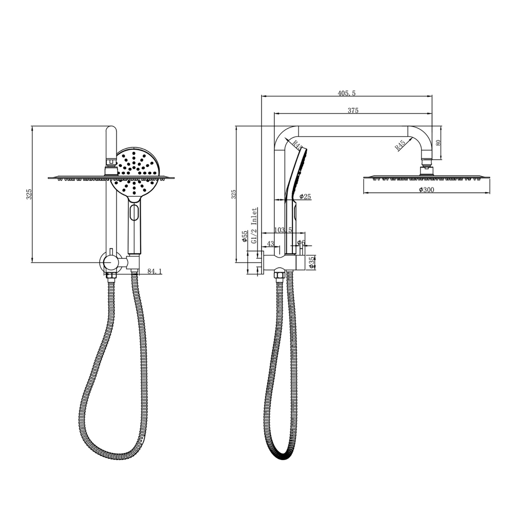 Linsol Sofia Short Shower Combination Multifunction 300mm dimensions