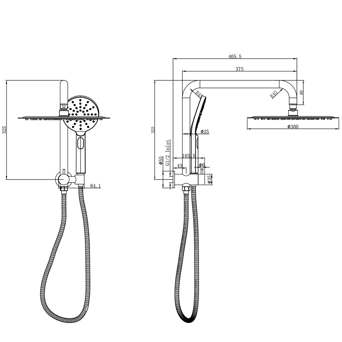 Linsol Sofia Short Shower Combination Multifunction 300mm dimensions