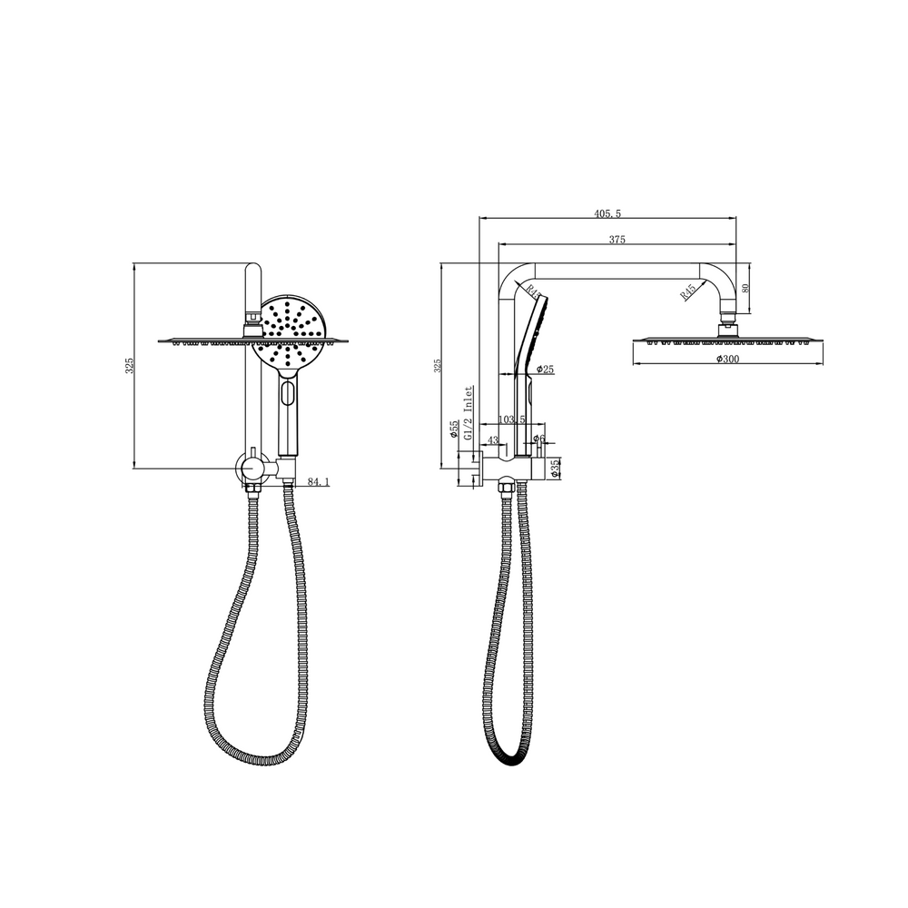 Linsol Sofia Short Shower Combination Multifunction 300mm dimensions