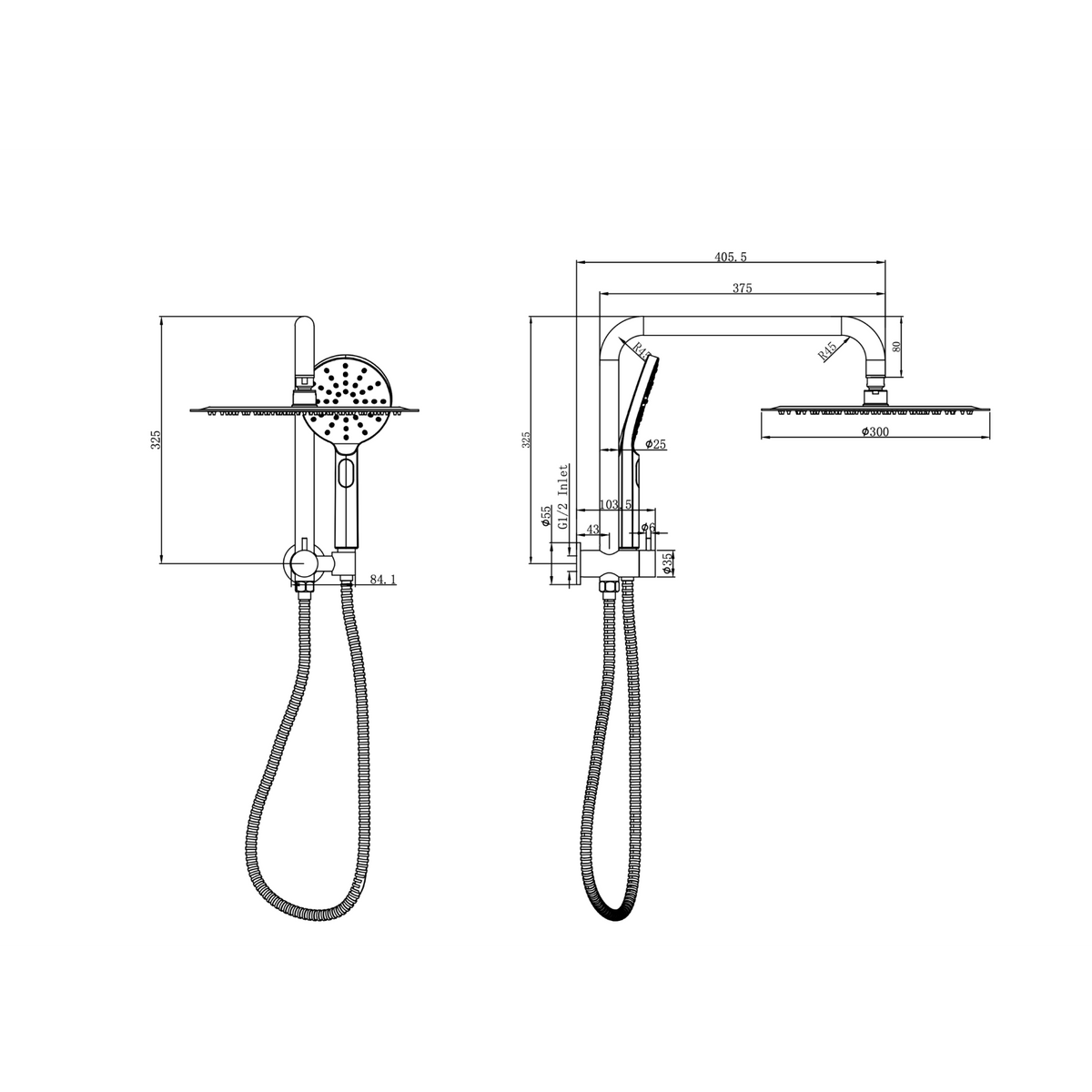 Linsol Sofia Short Shower Combination Multifunction 300mm dimensions