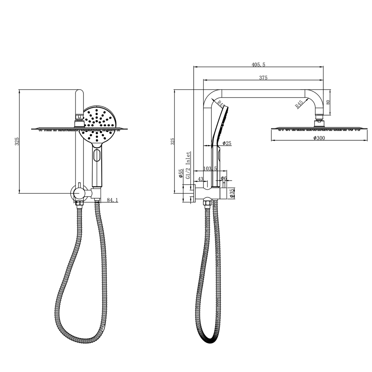 Linsol Sofia Short Shower Combination Multifunction 300mm dimensions