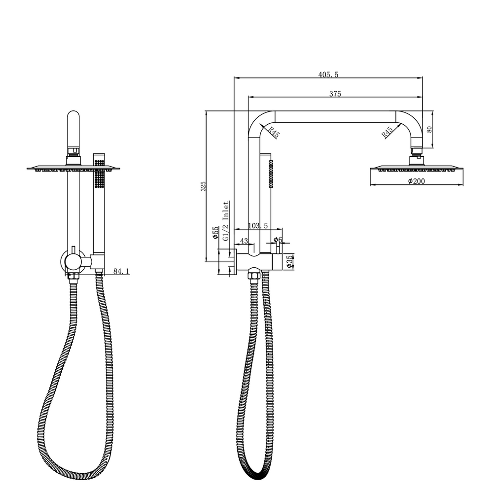 Linsol Sofia Short Shower Combination Slim Handpiece 200mm dimensions