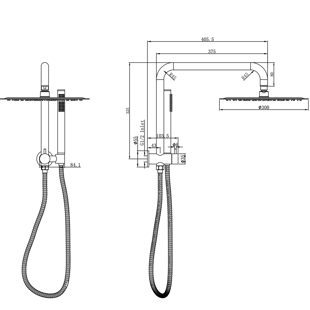 Linsol Sofia Short Shower Combination Slim Handpiece 300mm dimensions