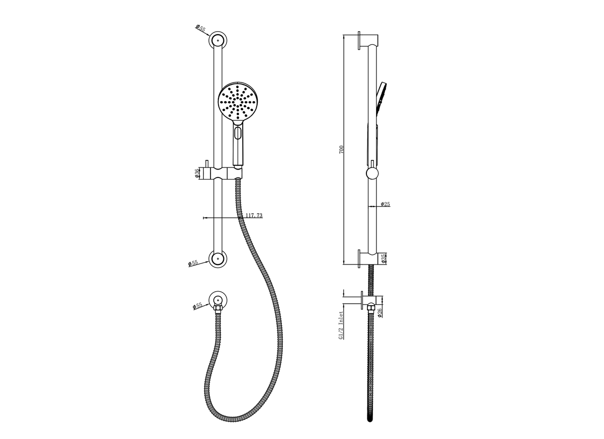 LINSOL SOFIA SLIDING SHOWER RAIL WITH MULTIFUNCTION HANDPIECE TECHNICAL DRAWING
