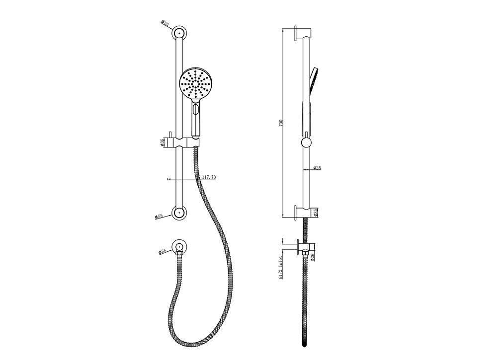LINSOL SOFIA SLIDING SHOWER RAIL WITH MULTIFUNCTION HANDPIECE TECHNICAL DRAWING