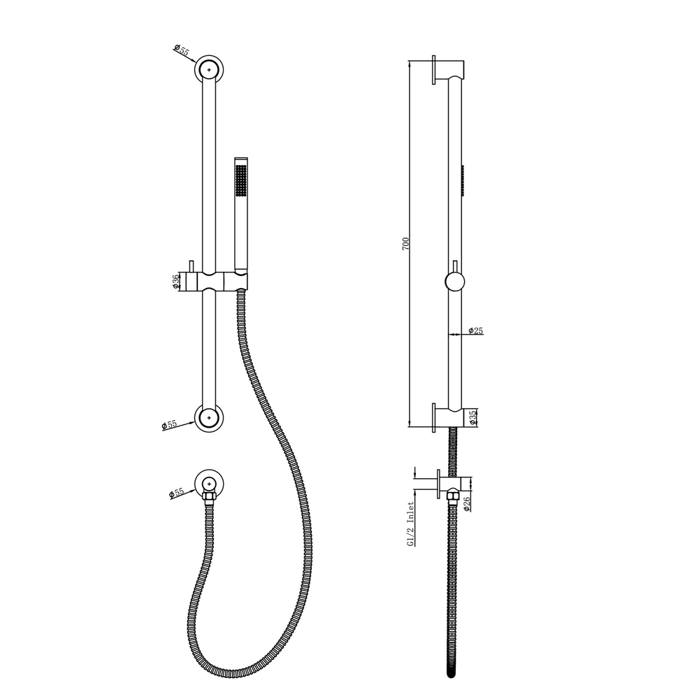 Linsol Sofia Sliding Shower Rail Slim Handpiece dimensions