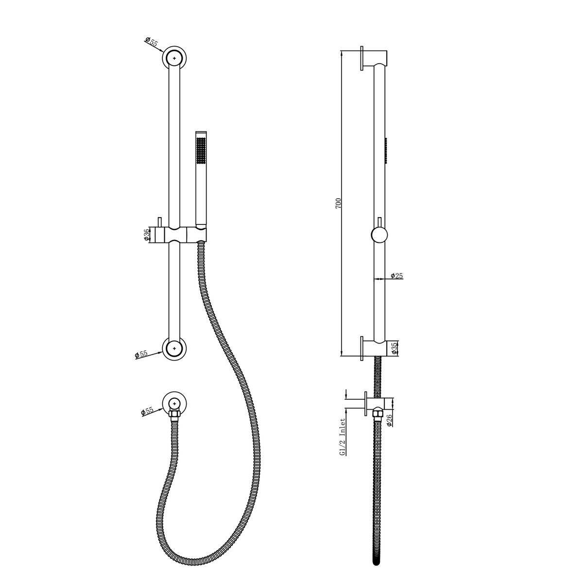 Linsol Sofia Sliding Shower Rail Slim Handpiece dimensions