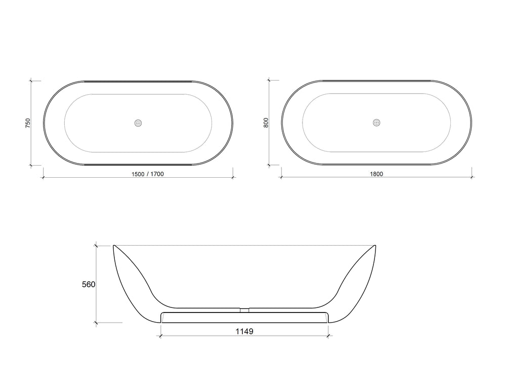 VEROTTI SOHO FREESTANDING SOLID SURFACE BATH MATTE WHITE (AVAILABLE IN 1500MM, 1700MM AND 1800MM)