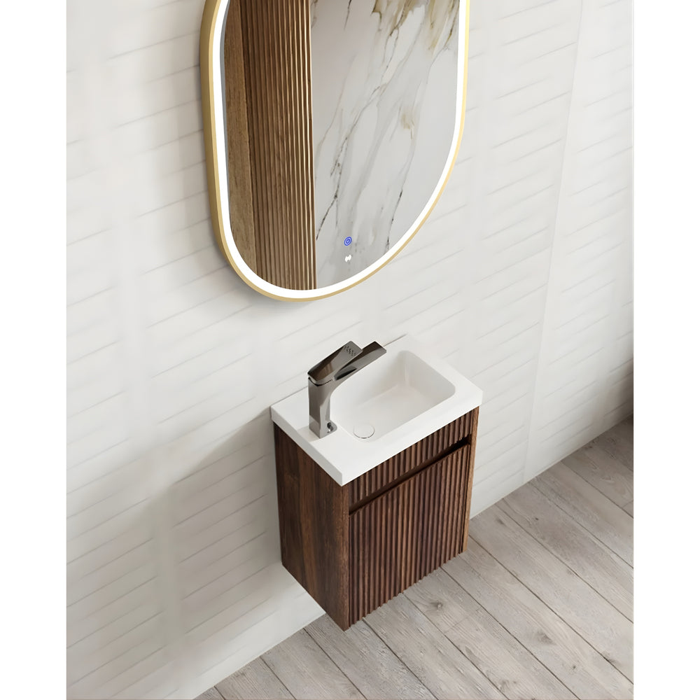 OTTI ENSUITE SABLE WALNUT FLUTED 400MM SPACE SAVING SINGLE BOWL WALL HUNG VANITY WITH CERAMIC TOP