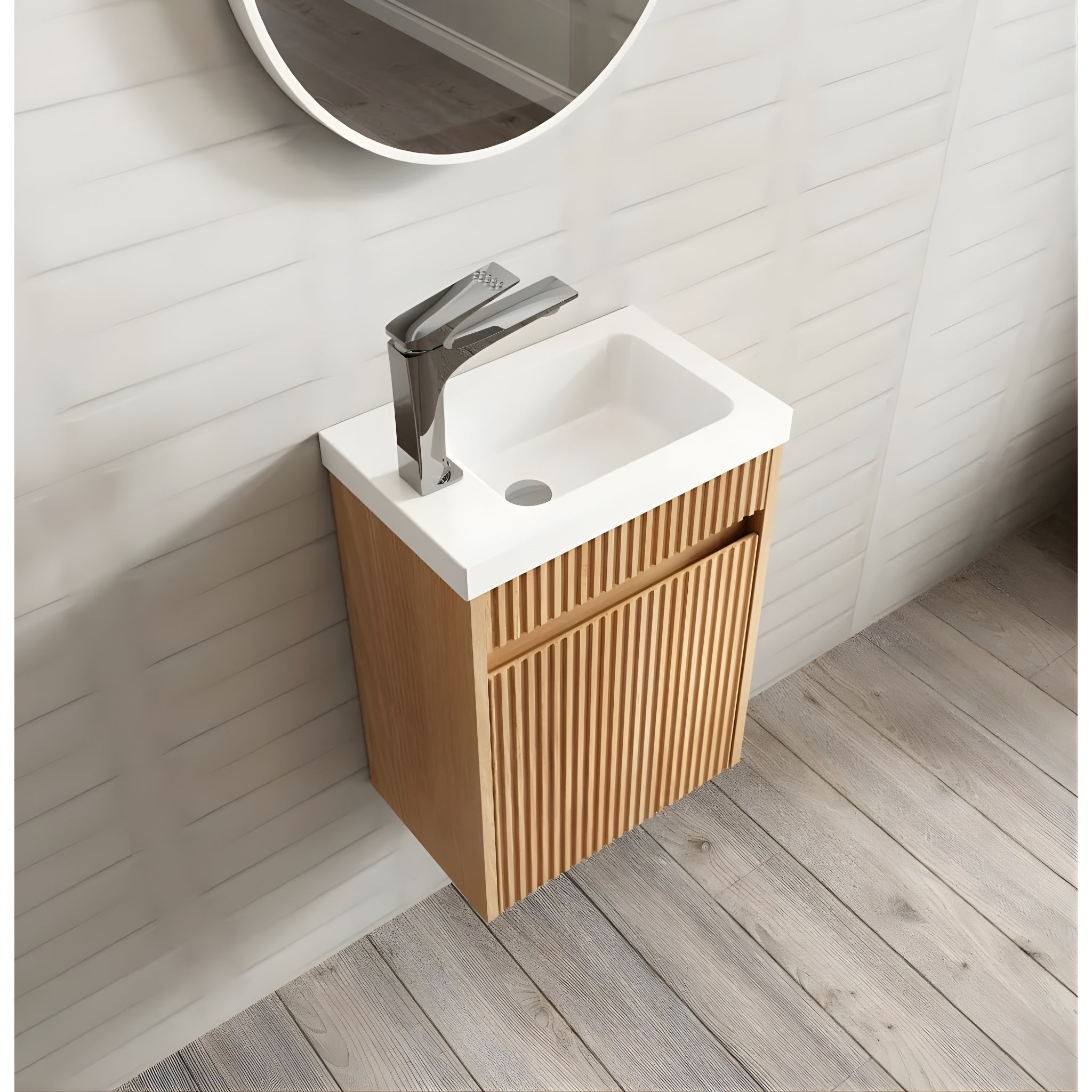 OTTI ENSUITE WOODLAND OAK FLUTED 400MM SPACE SAVING SINGLE BOWL WALL HUNG VANITY WITH CERAMIC TOP
