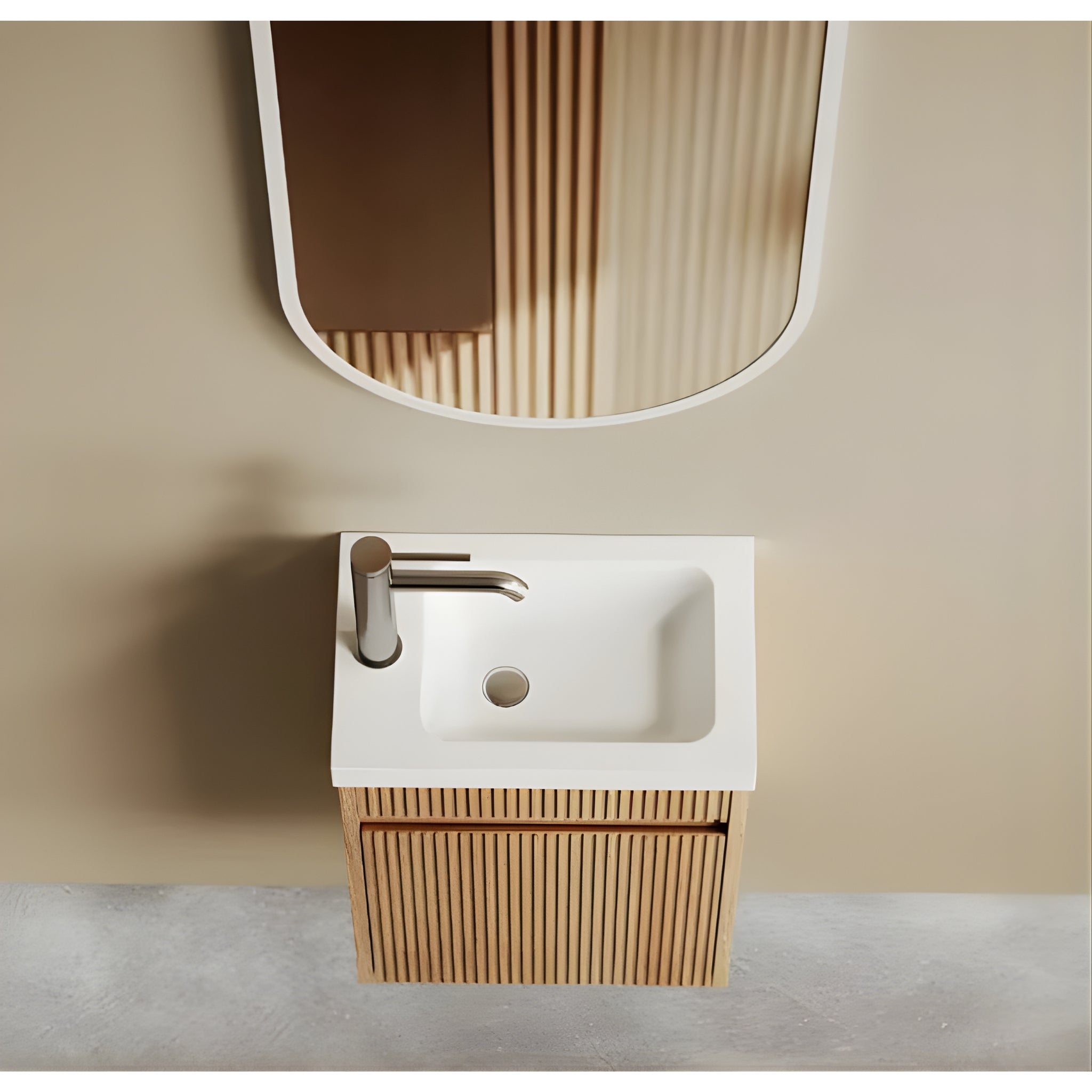 OTTI ENSUITE WOODLAND OAK FLUTED 400MM SPACE SAVING SINGLE BOWL WALL HUNG VANITY WITH CERAMIC TOP