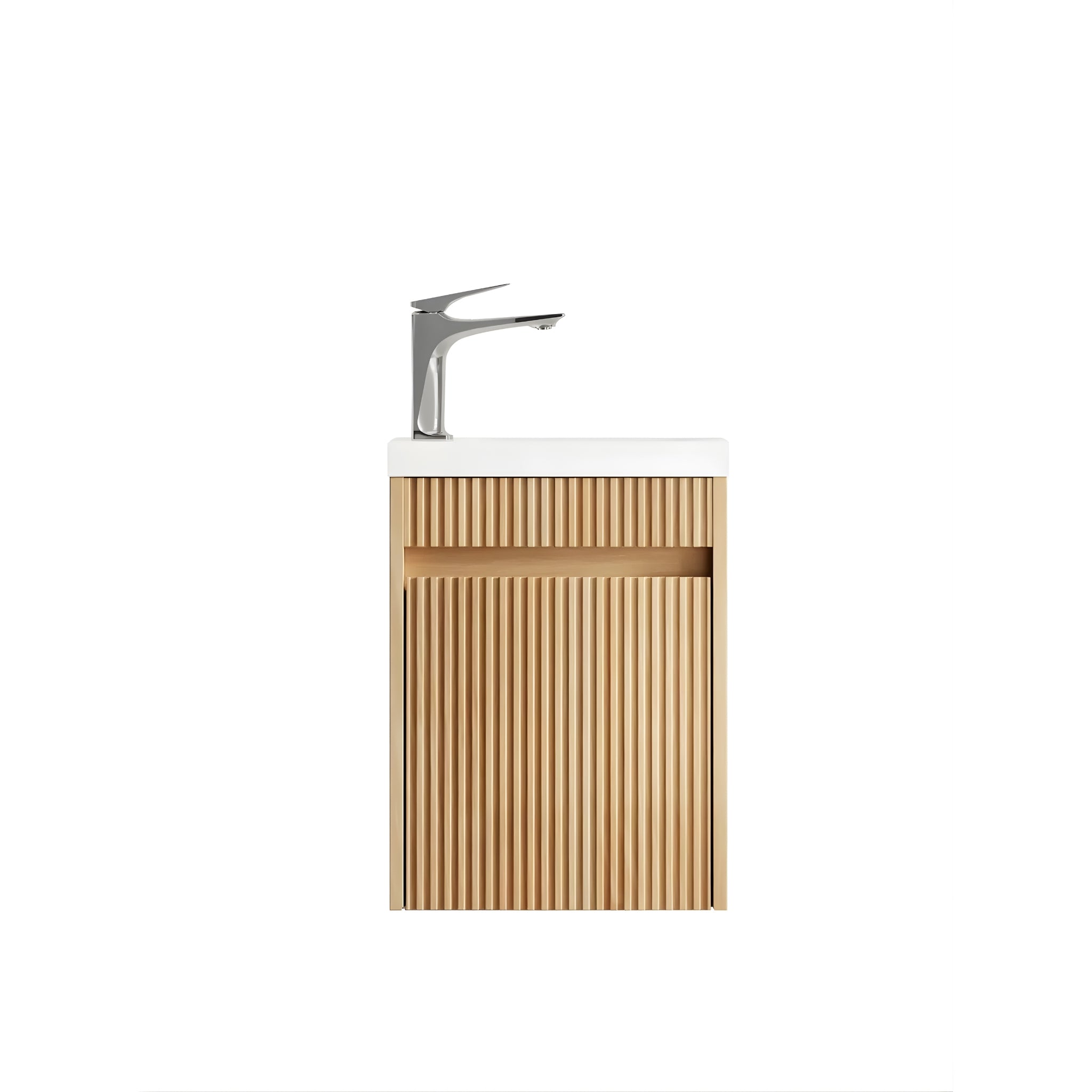 OTTI ENSUITE WOODLAND OAK FLUTED 400MM SPACE SAVING SINGLE BOWL WALL HUNG VANITY WITH CERAMIC TOP