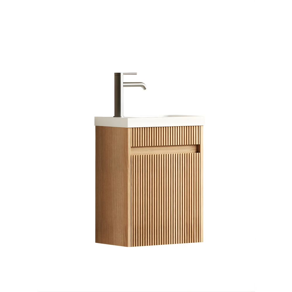 OTTI ENSUITE WOODLAND OAK FLUTED 400MM SPACE SAVING SINGLE BOWL WALL HUNG VANITY WITH CERAMIC TOP